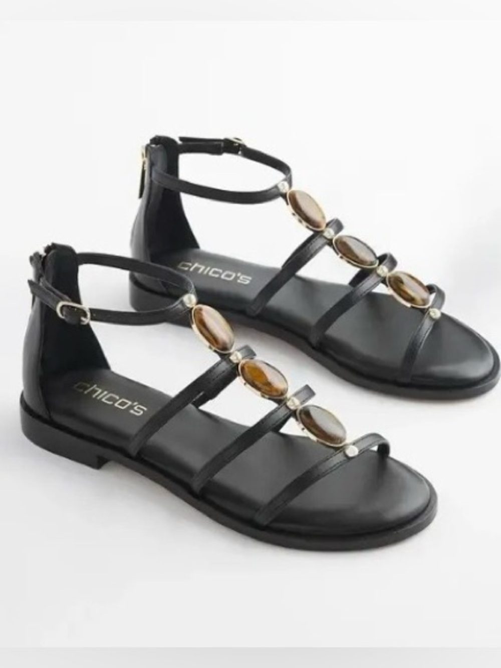🌺 Chico's Tiger’s Eye Embellished Black Strappy Sandals - Size 10